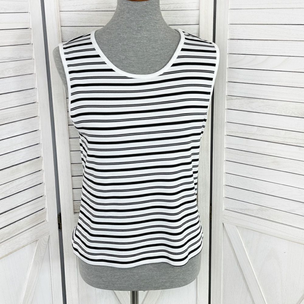 Covington Striped Ribbed Knit Tank Top White Black Medium Petite Stretchy‎
